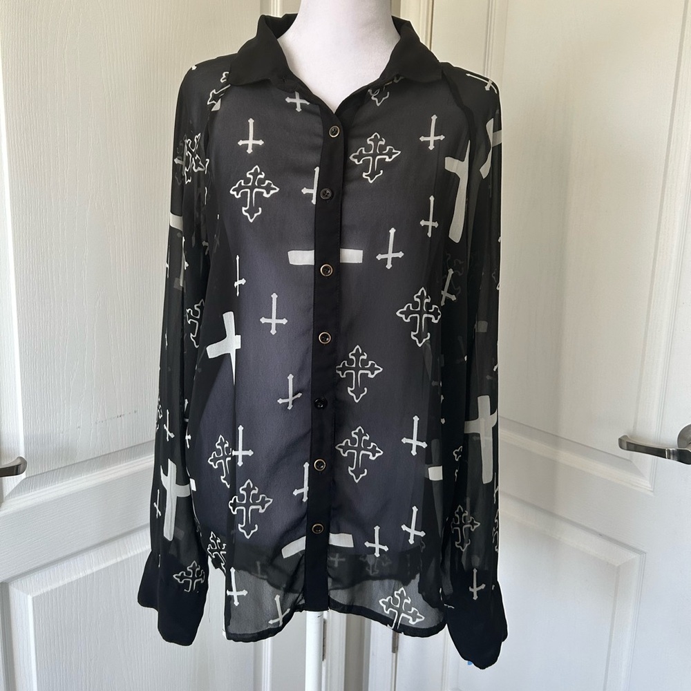 Marisol edgy Goth rock, sheer blouse cross design, black white top women’s large